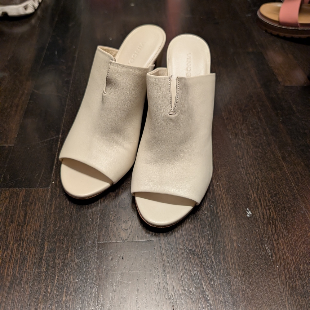 Vince Cream Leather Peep-Toe Mules